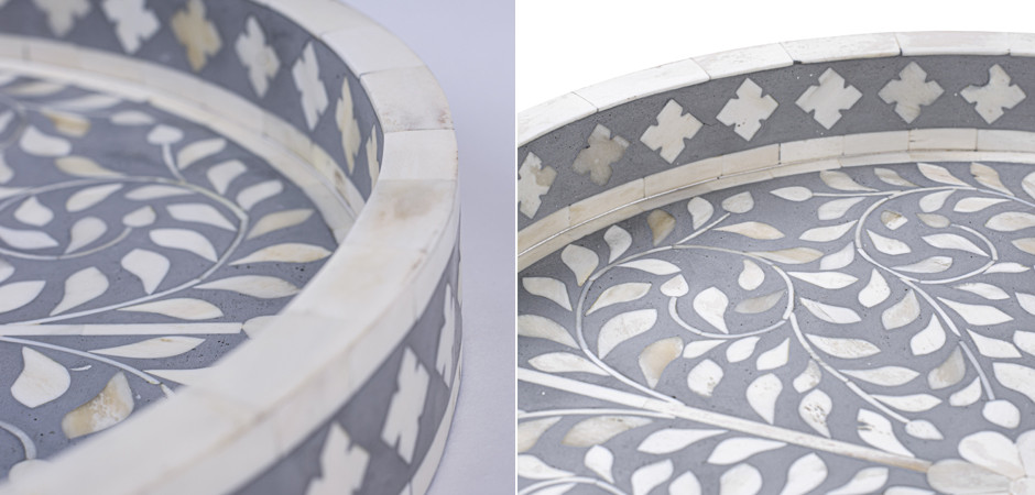 Круглый поднос Инкрустация костью Серый