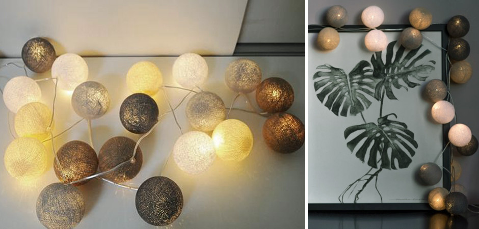 Гирлянда хлопковые фонарики Сotton Ball Sand-Grey