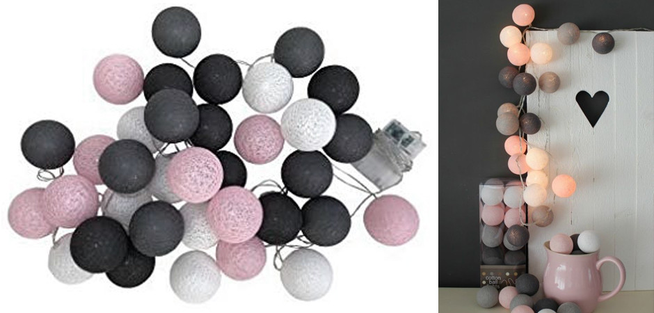 Гирлянда хлопковые фонарики Сotton Ball Pink-Grey