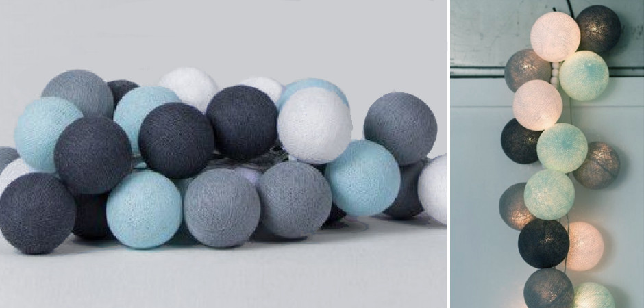 Гирлянда хлопковые фонарики Сotton Ball Aqua-Grey