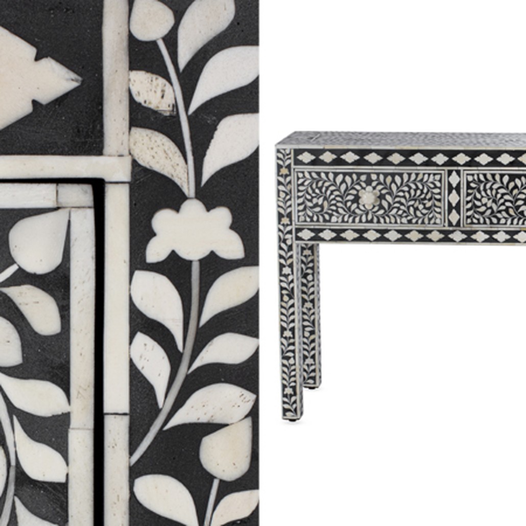 Консоль черный орнамент отделка кость BONE INLAY CONSOL TABLE 3 DRAWER