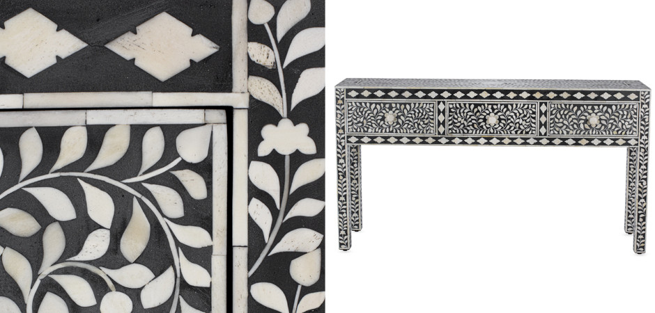 Консоль черный орнамент отделка кость BONE INLAY CONSOL TABLE 3 DRAWER