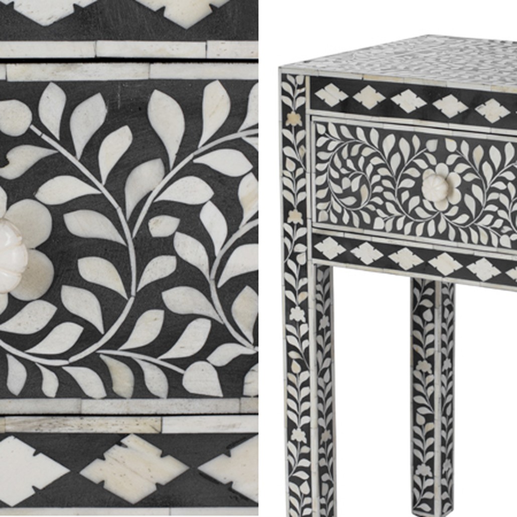 Консоль черный орнамент отделка кость BONE INLAY CONSOL TABLE 3 DRAWER
