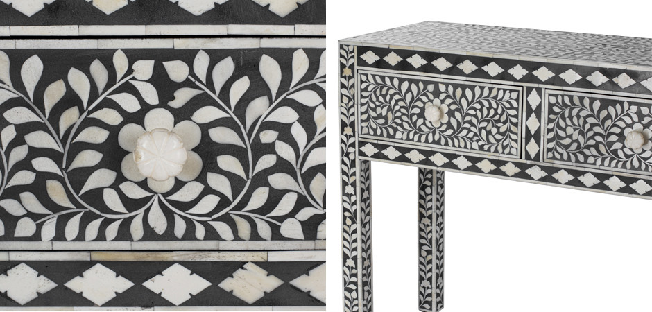 Консоль черный орнамент отделка кость BONE INLAY CONSOL TABLE 3 DRAWER
