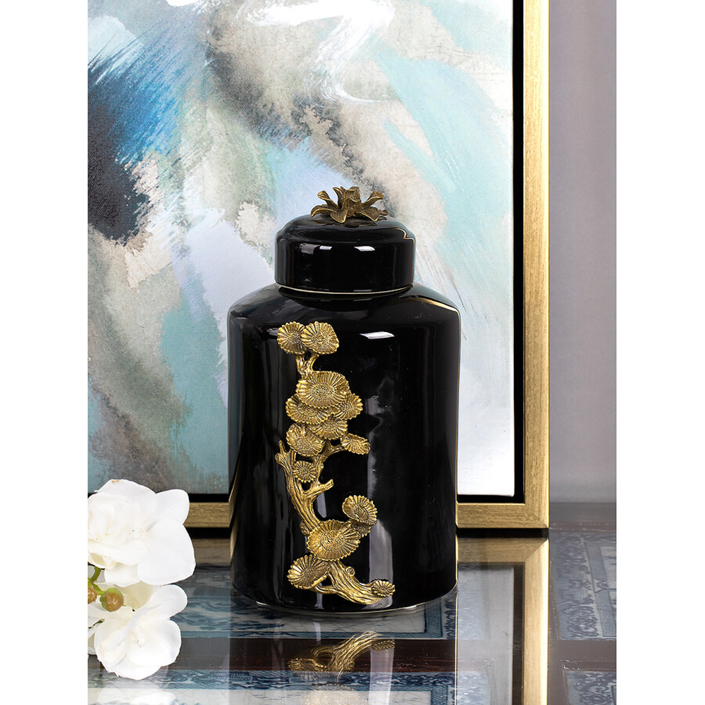 Банка с крышкой из фарфора с бронзовым цветочным элементом Eden Garden