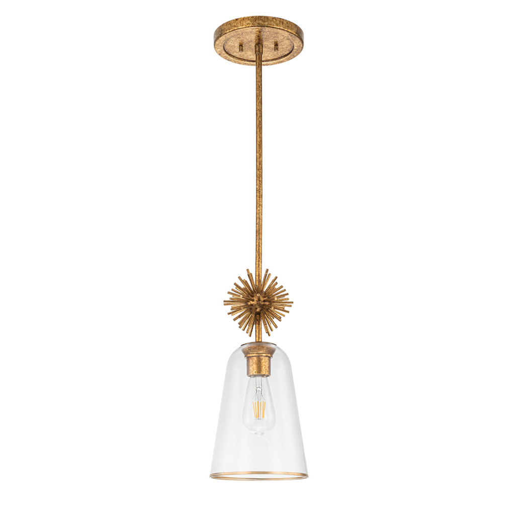 Подвесной светильник золотого цвета с колоколообразным стеклянным плафоном и декоративным элементом Elstead Lighting