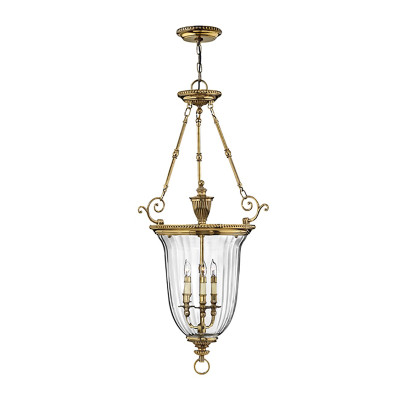 Подвесной светильник латунный с рифленым прозрачным плафоном и тремя свечеподобными лампами в классическом стиле Hinkley