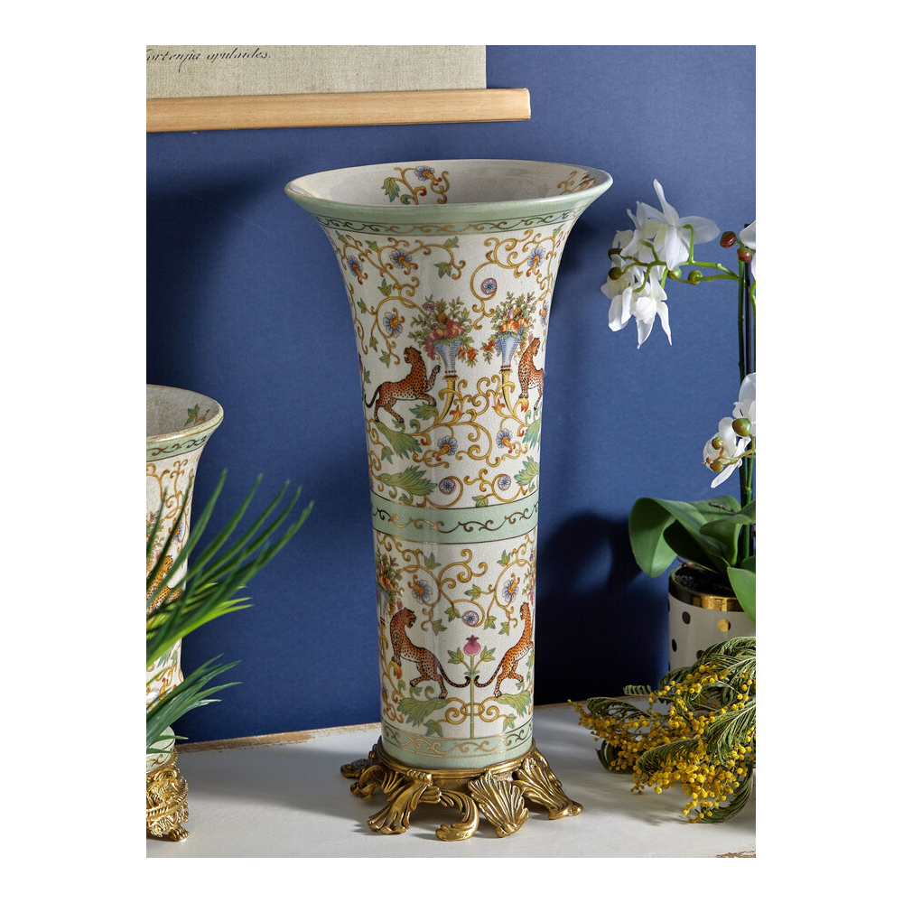 Ваза высокая из фарфора на бронзовом основании Turquoise Blooming Garden
