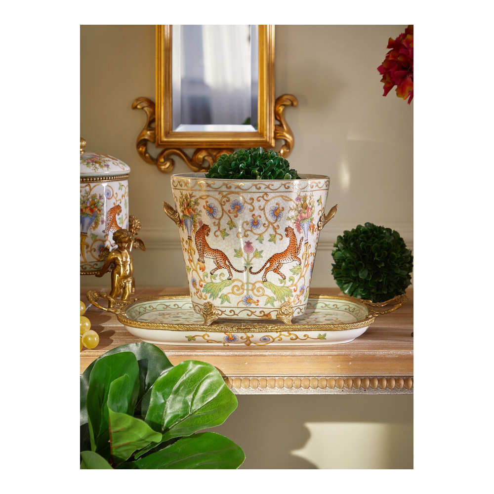 Кашпо с растительным и животным орнаментом на бронзовых ножках Turquoise Blooming Garden