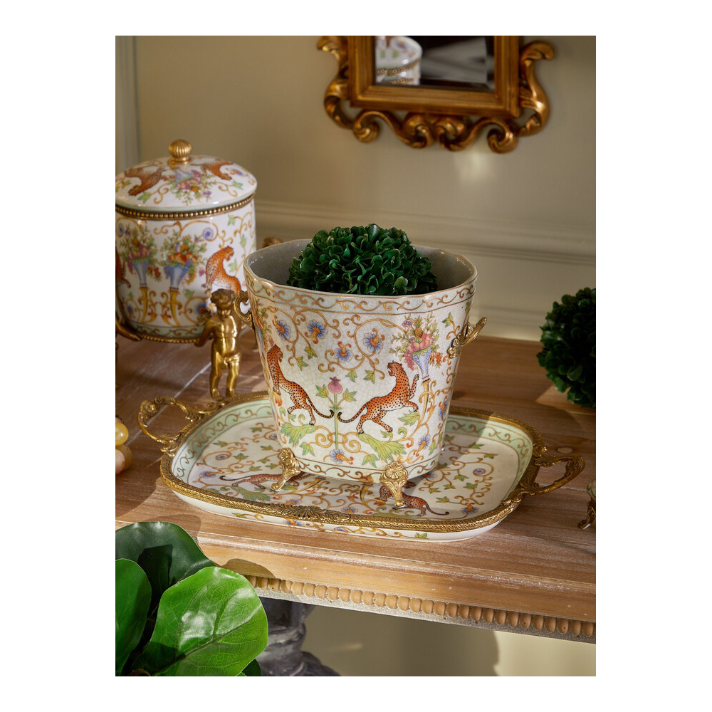 Кашпо с растительным и животным орнаментом на бронзовых ножках Turquoise Blooming Garden