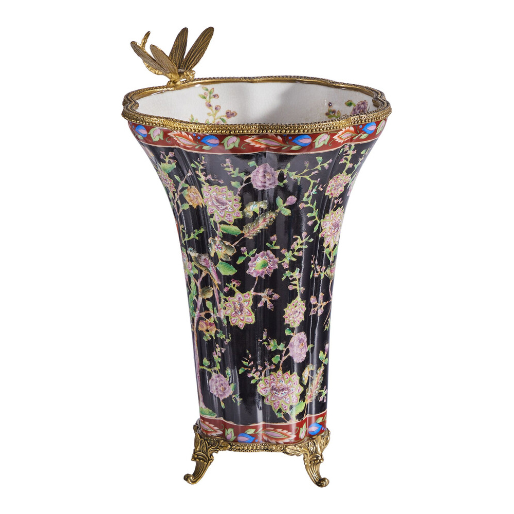 Ваза из фарфора черная с цветочной росписью и бронзовой стрекозой Spring Garden
