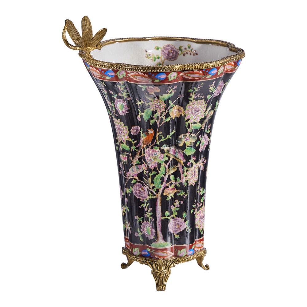 Ваза из фарфора черная с цветочной росписью и бронзовой стрекозой Spring Garden