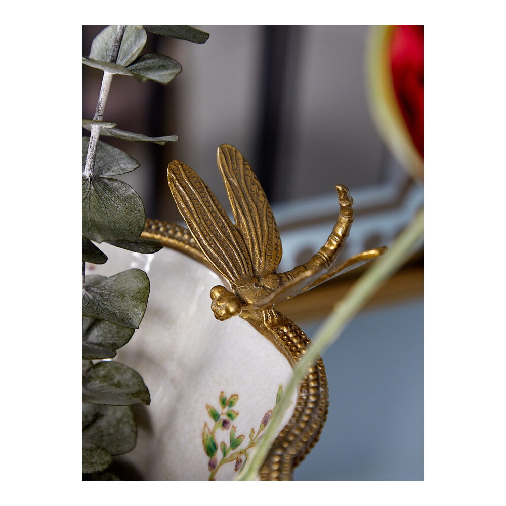 Ваза из фарфора черная с цветочной росписью и бронзовой стрекозой Spring Garden