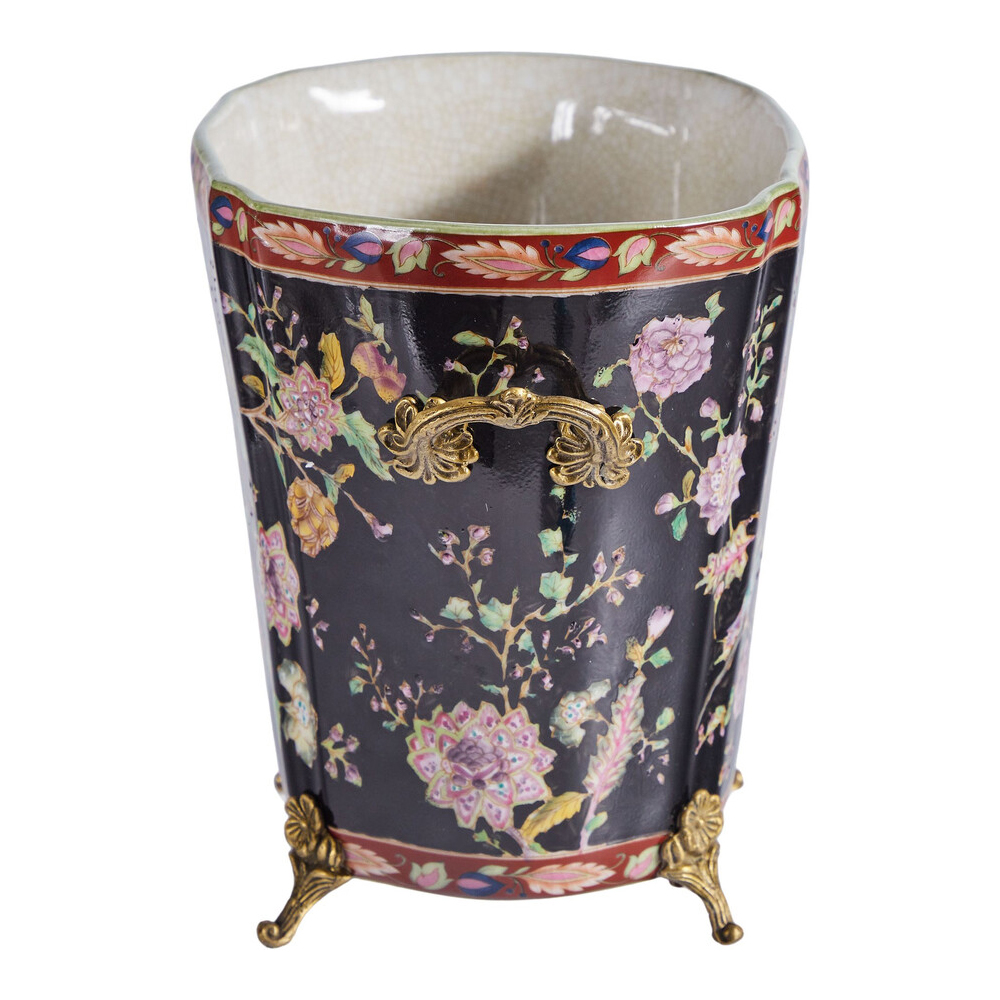 Кашпо из фарфора черная с цветочной росписью и бронзовой стрекозой Spring Garden