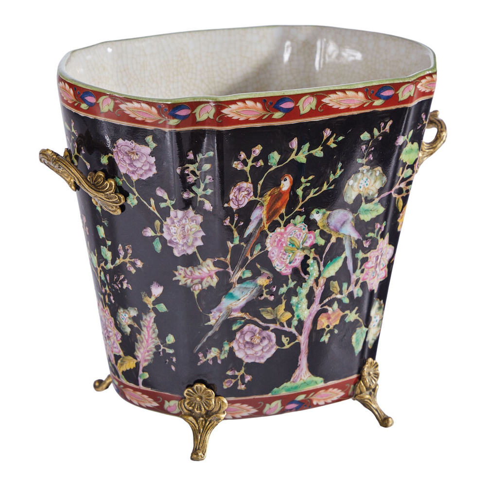 Кашпо из фарфора черная с цветочной росписью и бронзовой стрекозой Spring Garden