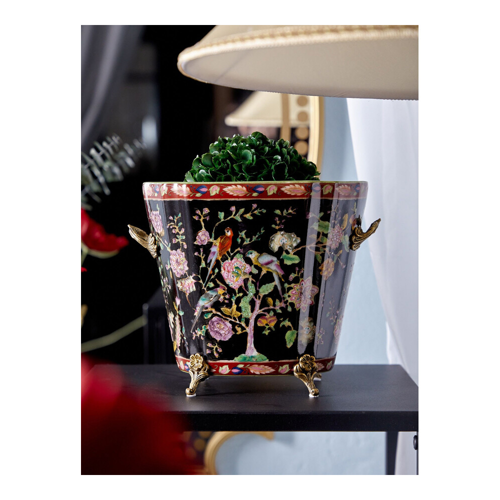 Кашпо из фарфора черная с цветочной росписью и бронзовой стрекозой Spring Garden