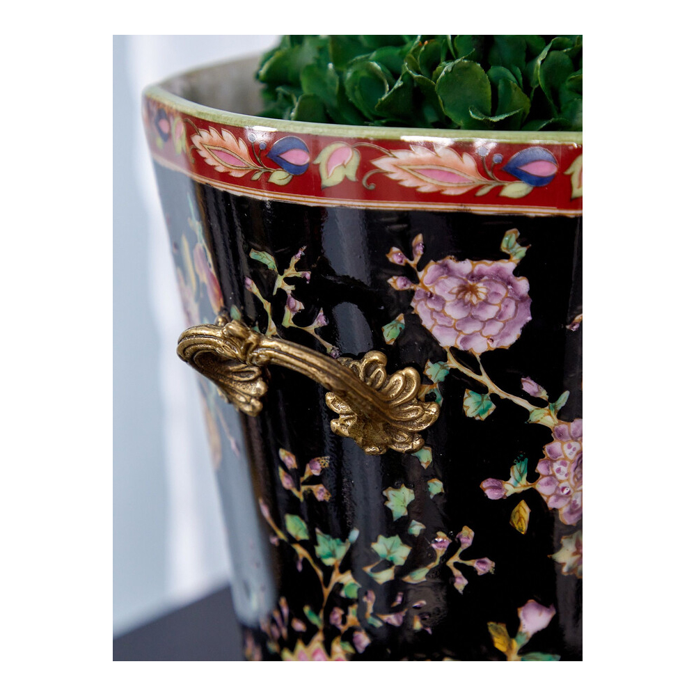 Кашпо из фарфора черная с цветочной росписью и бронзовой стрекозой Spring Garden