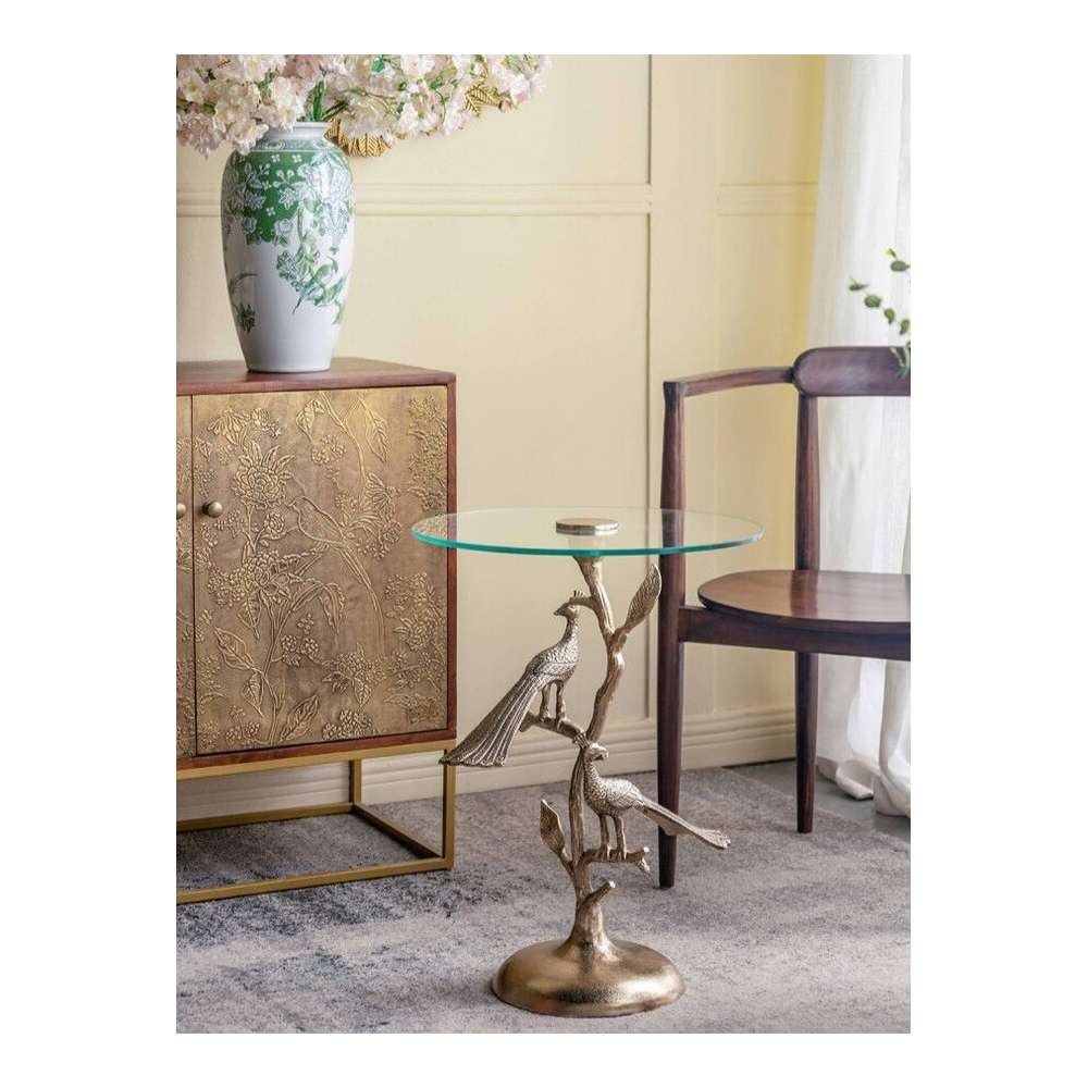Столик с круглой стеклянной столешницей и корпусом в виде двух павлинов на ветке Table Two Peacocks