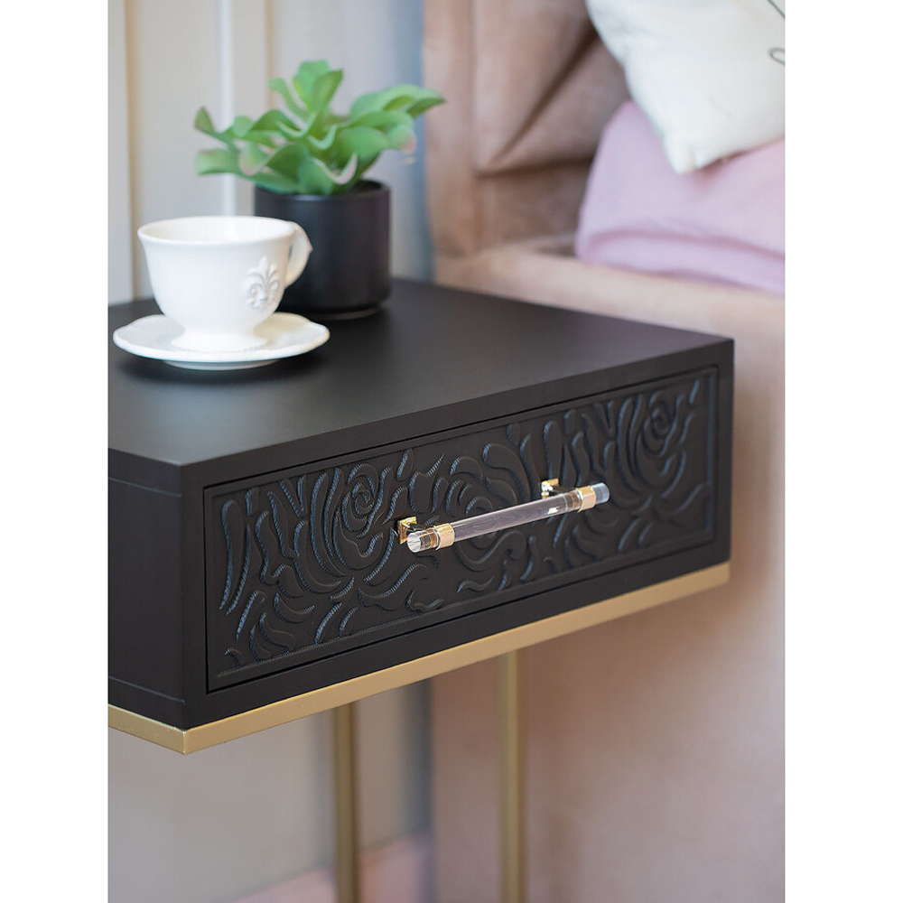 Приставной столик с резным узором на выдвижном ящике Black Table Carved Pattern