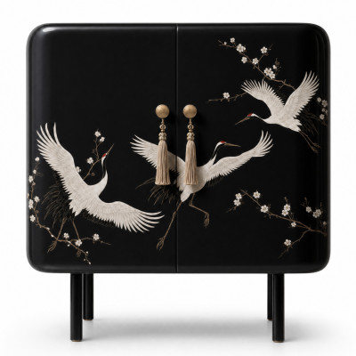 Черная тумба с восточным рисунком Sakura Japanese Cranes