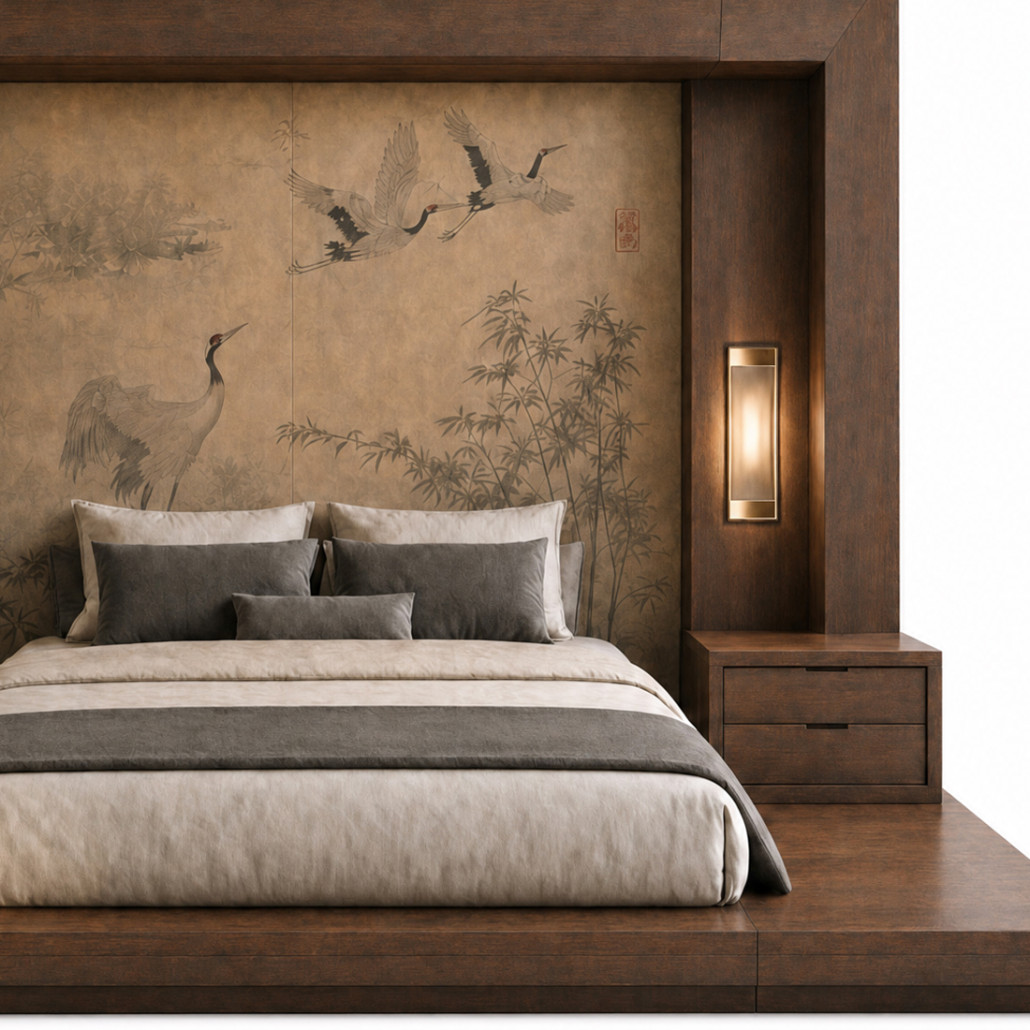 Кровать с большим порталом в японском стиле Japanese Bed Cranes