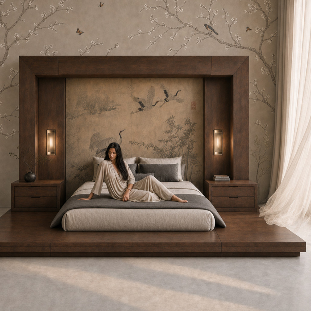 Кровать с большим порталом в японском стиле Japanese Bed Cranes