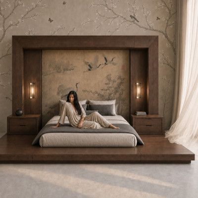 Кровать с большим порталом в японском стиле Japanese Bed Cranes