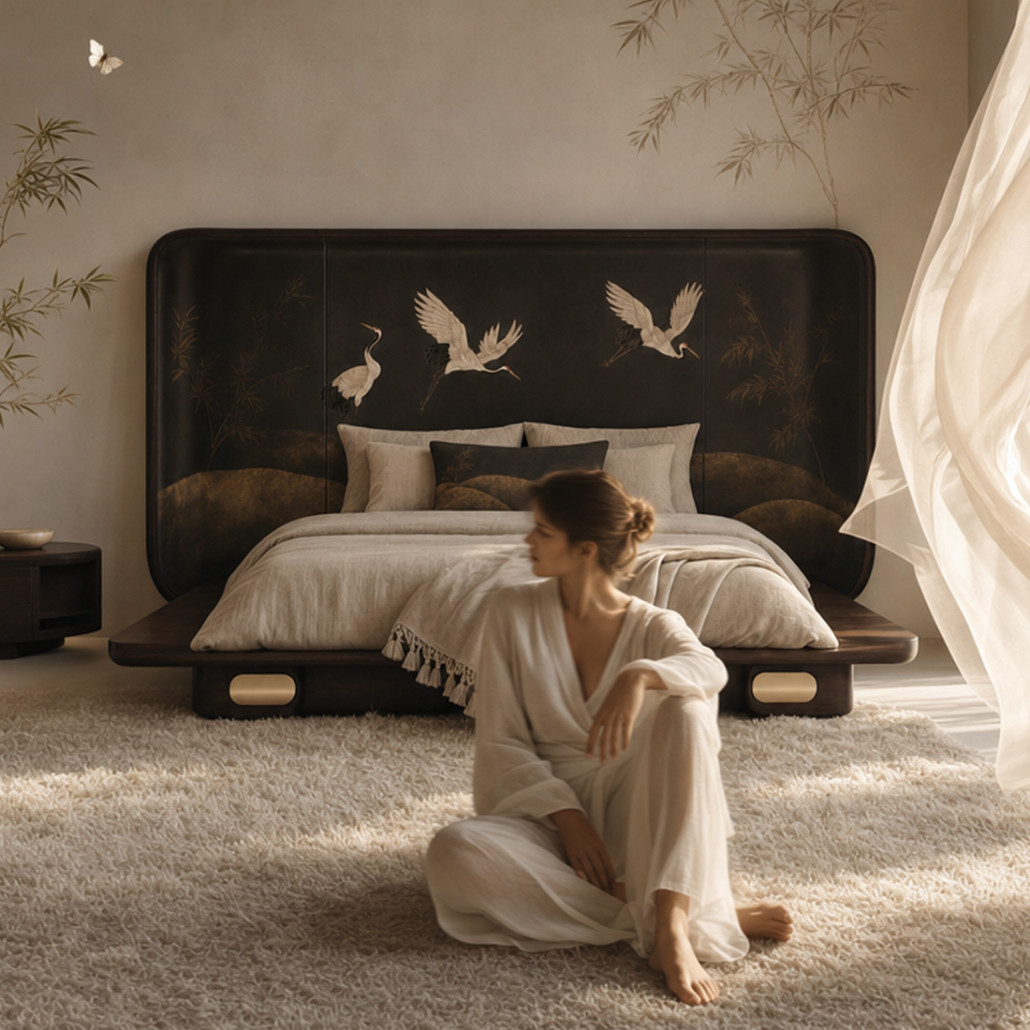 Премиальная Кровать Japanese Cranes Bed с полукруглой спинкой