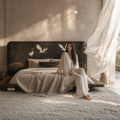 Премиальная Кровать Japanese Cranes Bed с полукруглой спинкой