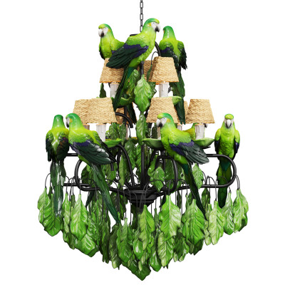 Люстра Panama Leaves Chandelier Parrot с зелеными попугаями