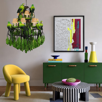 Люстра Panama Leaves Chandelier Parrot с зелеными попугаями