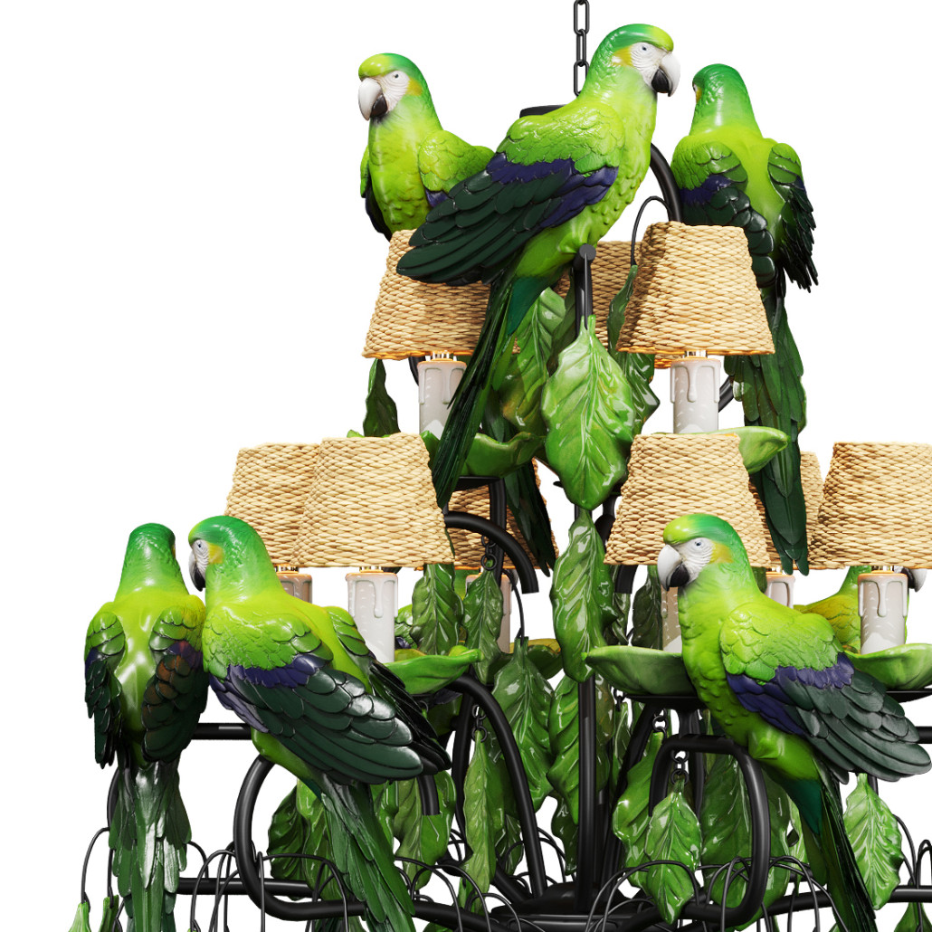 Люстра Panama Leaves Chandelier Parrot с зелеными попугаями