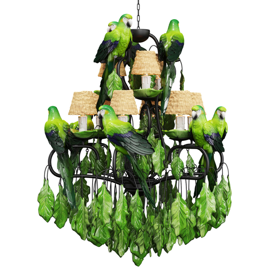 Люстра Panama Leaves Chandelier Parrot с зелеными попугаями