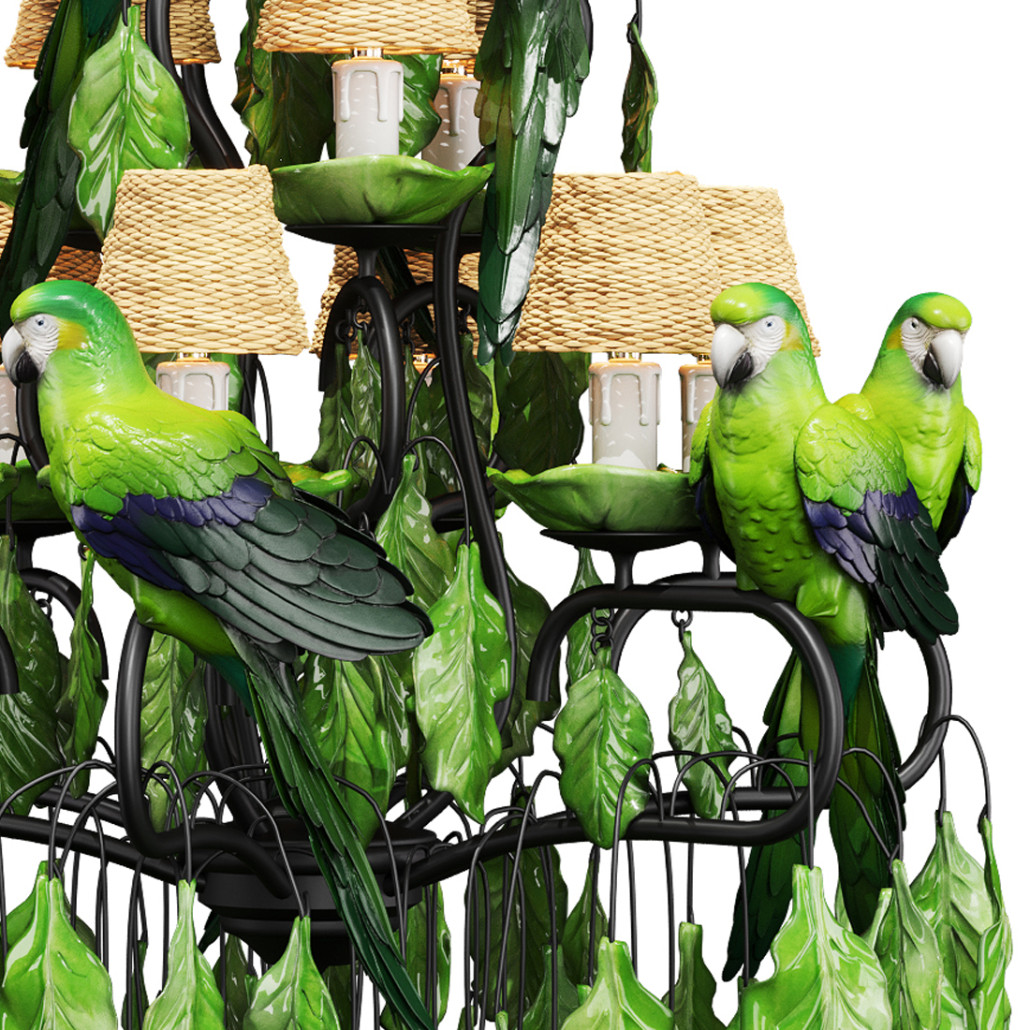 Люстра Panama Leaves Chandelier Parrot с зелеными попугаями