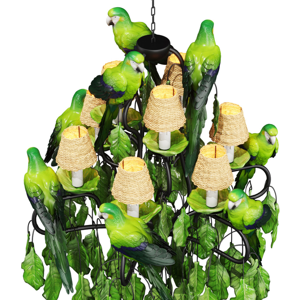 Люстра Panama Leaves Chandelier Parrot с зелеными попугаями