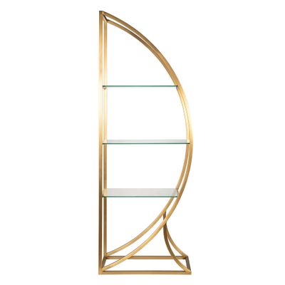 Стелаж золотого цвета с тремя стеклянными полками и изогнутым каркасом Art Deco Inspired