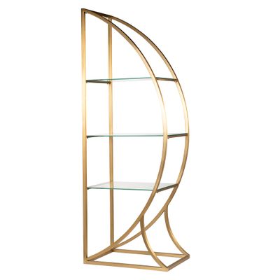 Стелаж золотого цвета с тремя стеклянными полками и изогнутым каркасом Art Deco Inspired