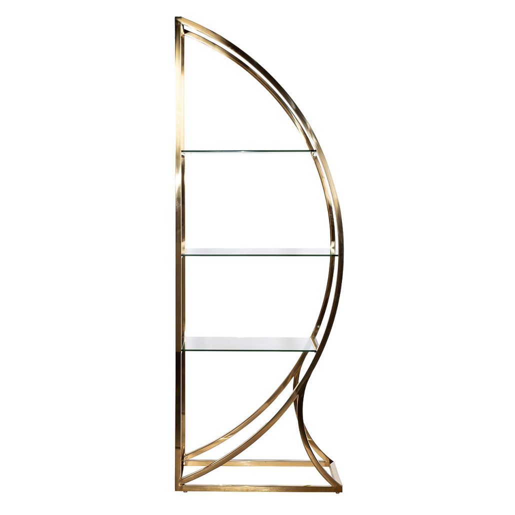 Стелаж золотого цвета с тремя стеклянными полками и изогнутым каркасом Art Deco Inspired
