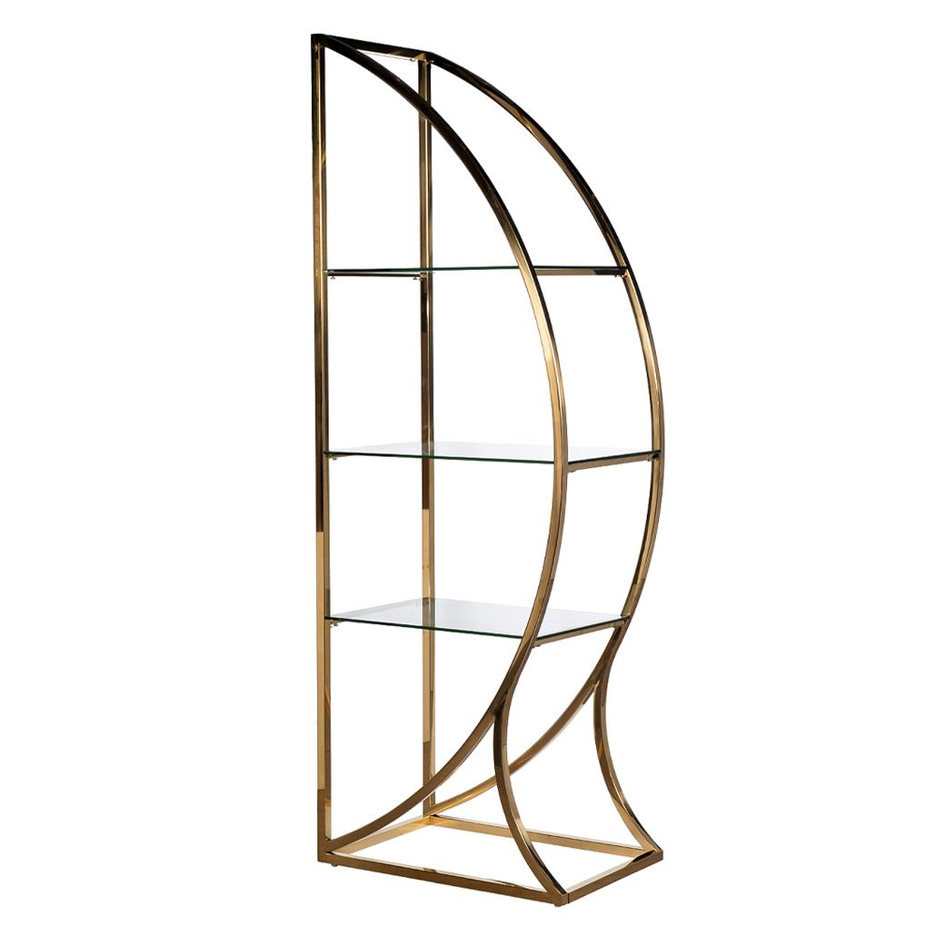 Стелаж золотого цвета с тремя стеклянными полками и изогнутым каркасом Art Deco Inspired