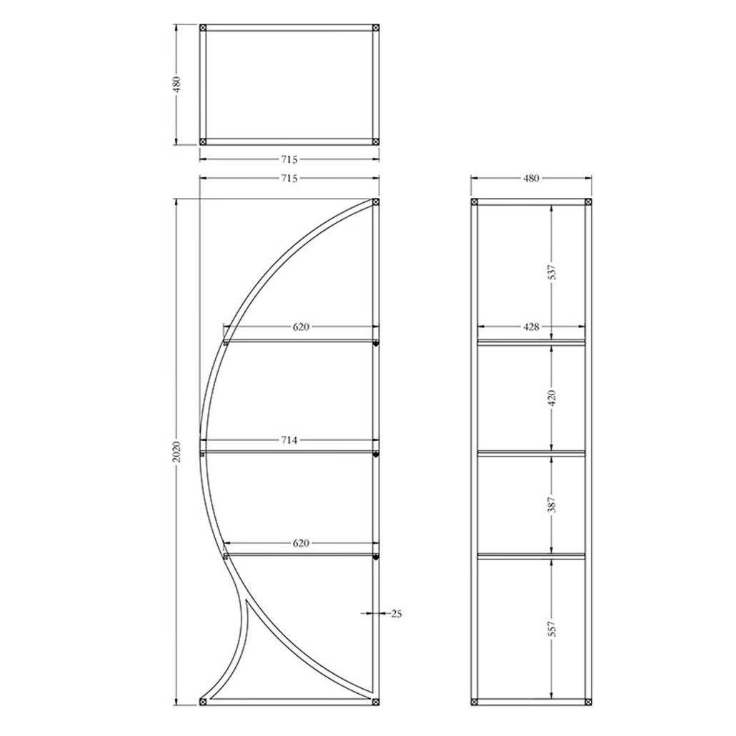 Стелаж золотого цвета с тремя стеклянными полками и изогнутым каркасом Art Deco Inspired