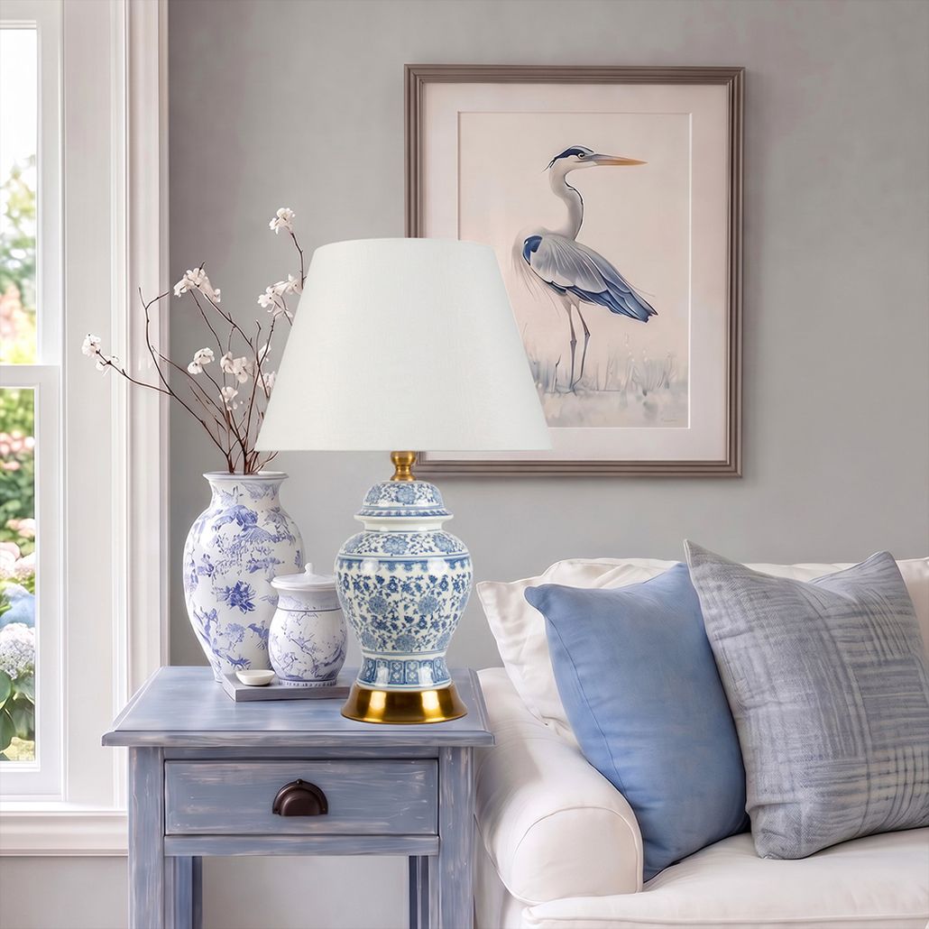 Настольная лампа с цветочной росписью Blue & White Chinoiserie