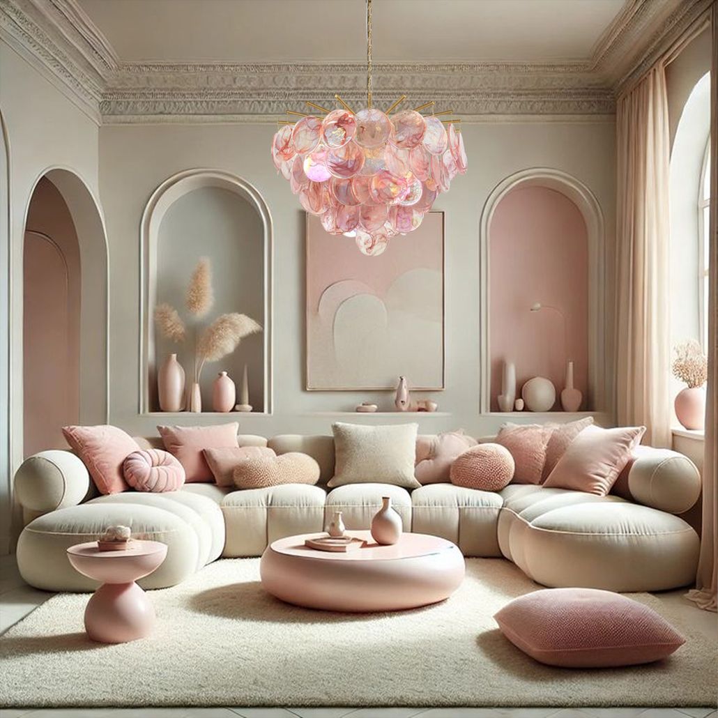 Подвесная люстра из стеклянных розовых дисков с перламутровым эффектом Sequins Pink Pearl