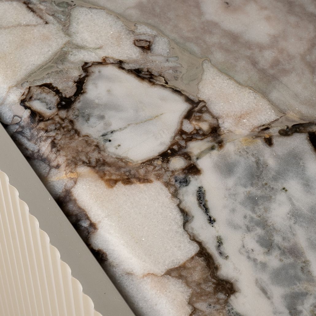 Комод серого цвета с рельефными фасадами и мраморной столешницей Uniqueness Marble